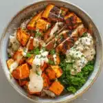 healthy chicken and sweet potato rice bowl - featured image