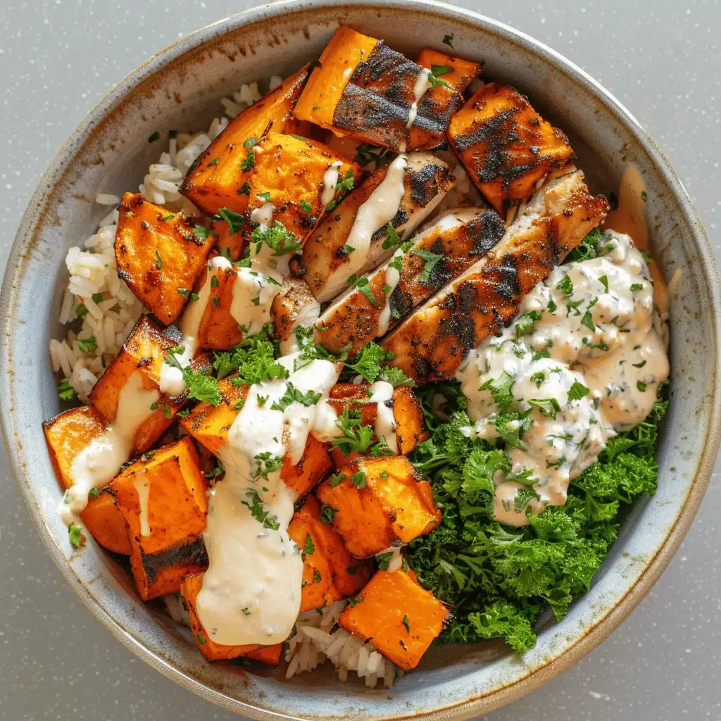 healthy chicken and sweet potato rice bowl - featured image
