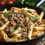 high protein creamy beef pasta - featured image
