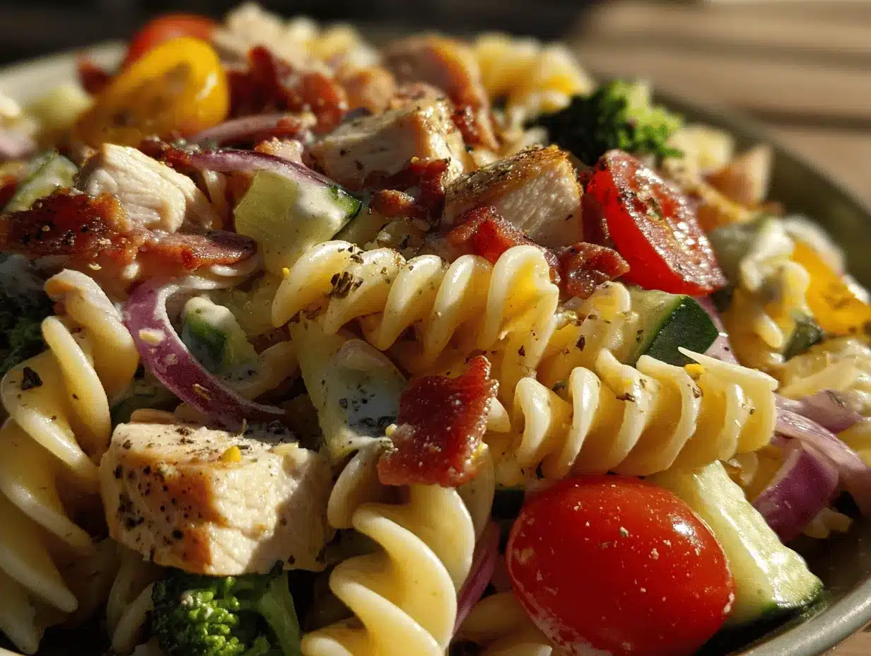 California chicken bacon ranch pasta salad preparation steps