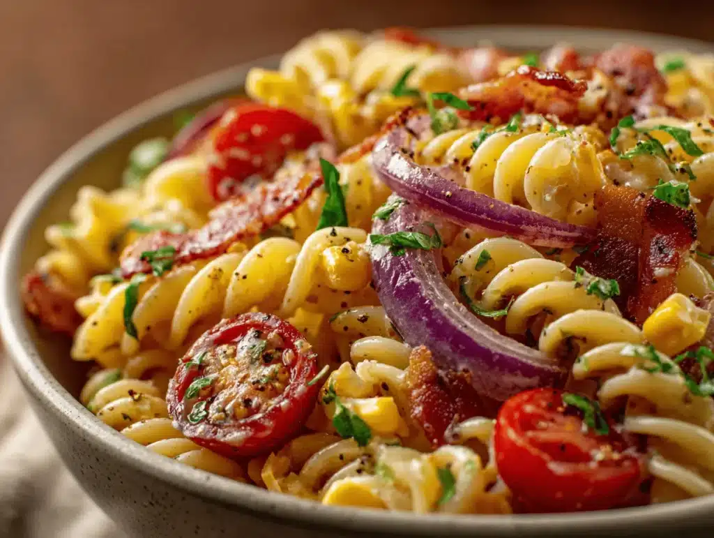creamy bacon ranch street corn pasta salad - featured image