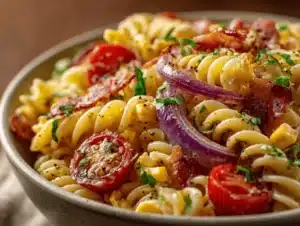 creamy bacon ranch street corn pasta salad - featured image