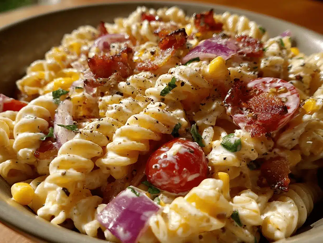 creamy bacon ranch street corn pasta salad preparation steps