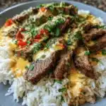 creamy queso rice with steak strips - featured image