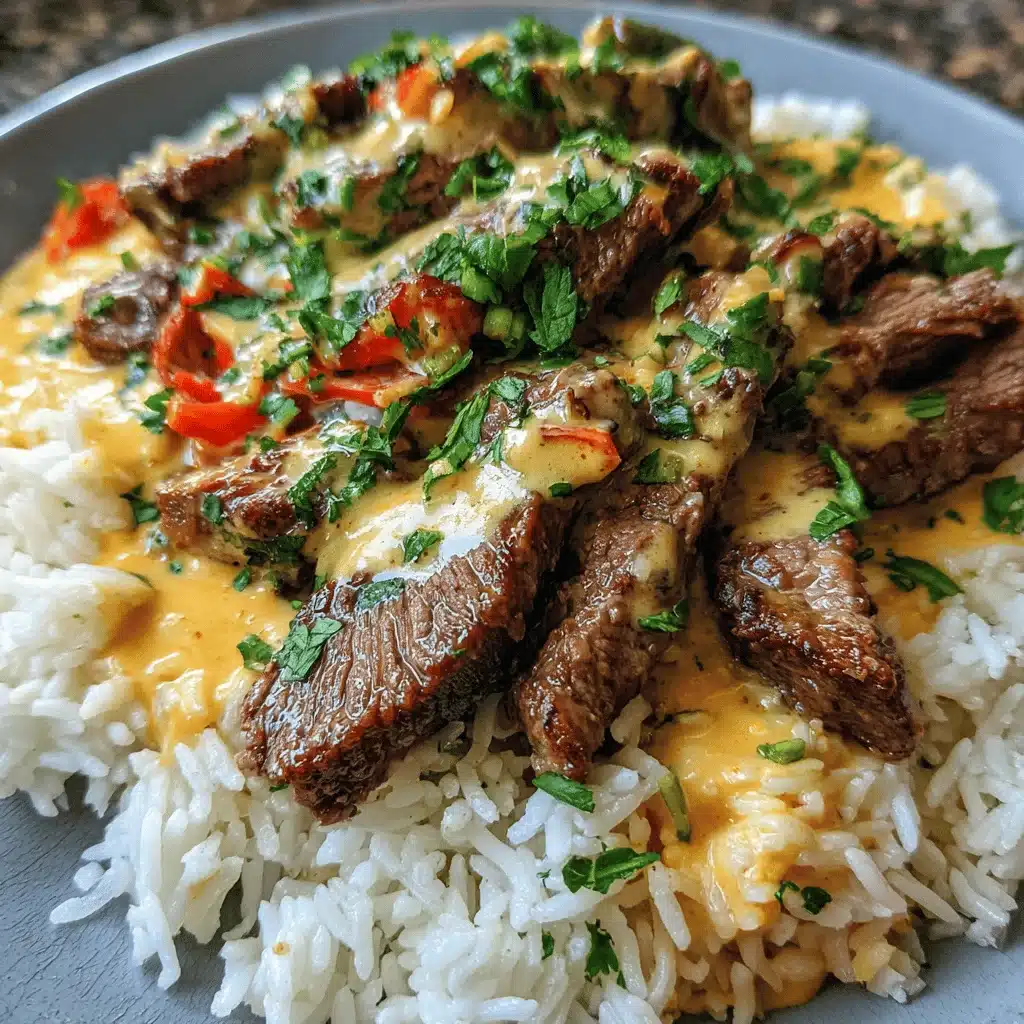 creamy queso rice with steak strips - featured image