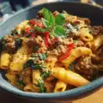 high protein creamy beef pasta - featured image