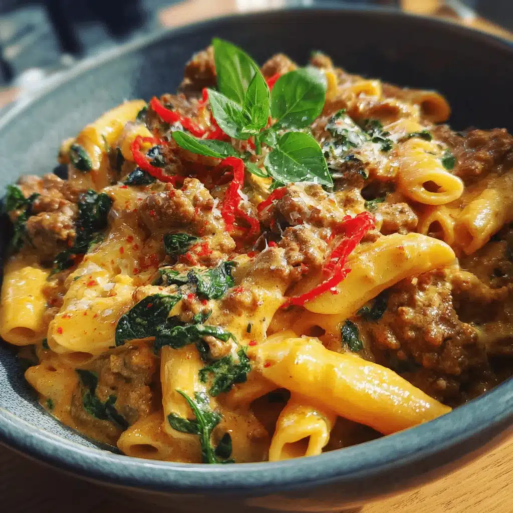 high protein creamy beef pasta - featured image