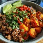 spicy ground beef sweet potato protein bowl - featured image